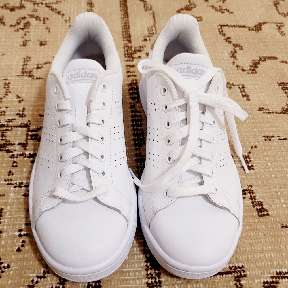 ADIDAS - White Leather w/ Brushed Peuter Heel Trim.  W-8